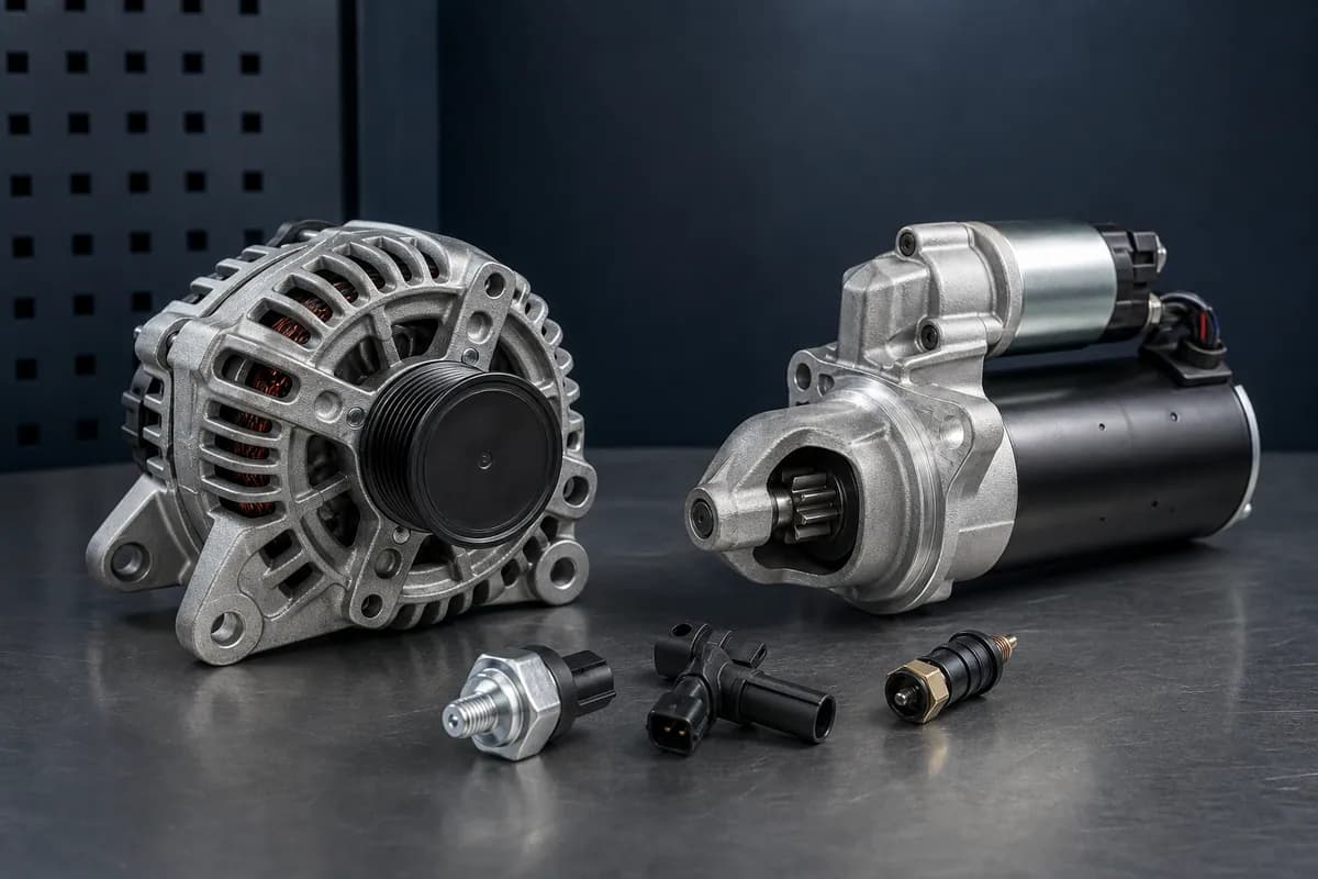 Alternador, motor de partida e sensores do sistema elétrico de veículo diesel.