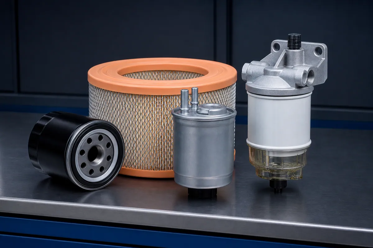 Filtros de óleo, ar, combustível e separador para manutenção de motor diesel.