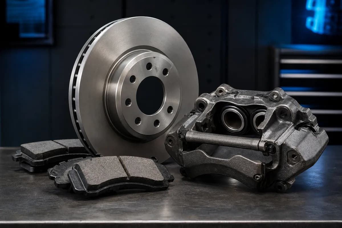 Disco de freio, pastilhas e pinça para sistema de frenagem de veículo diesel.
