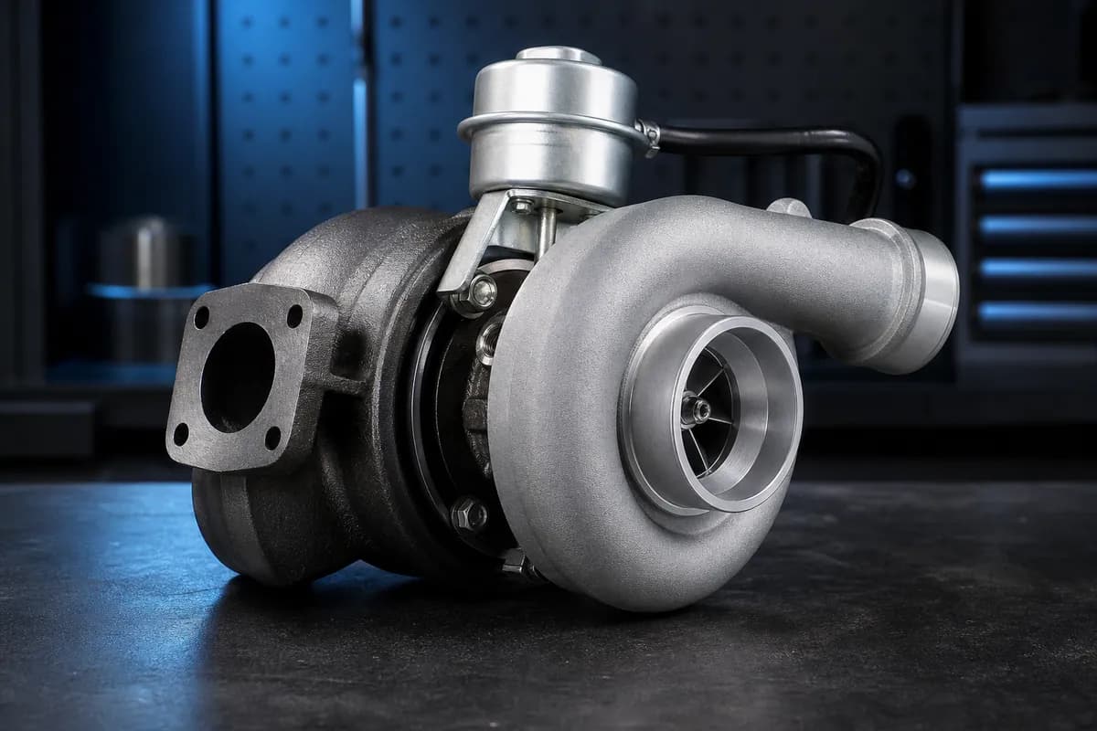 Turbocompressor diesel com carcaça da turbina e do compressor em bancada técnica.