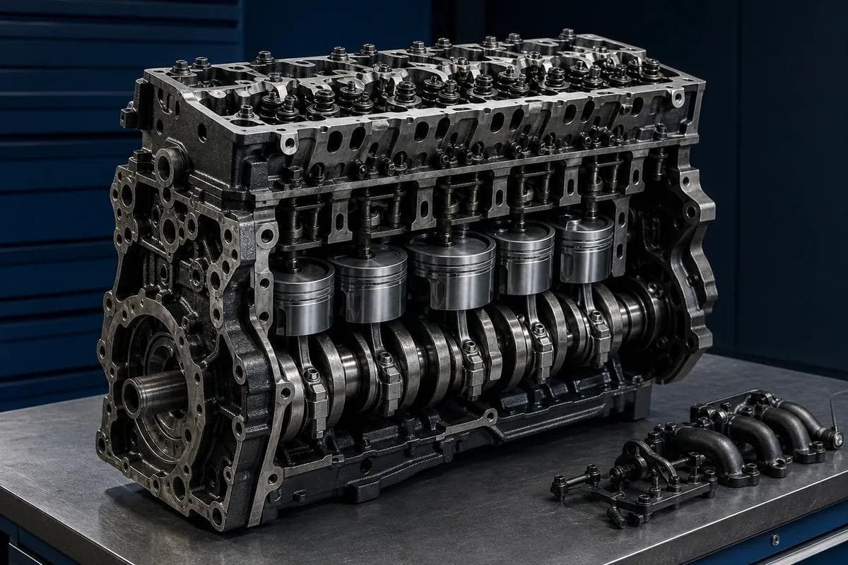 Bloco e cabeçote de motor diesel com pistões e virabrequim.